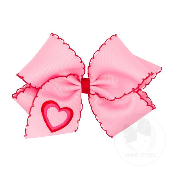 wee ones: Heart Embroidered Grosgrain Hair Bow with Moonstitch Edge