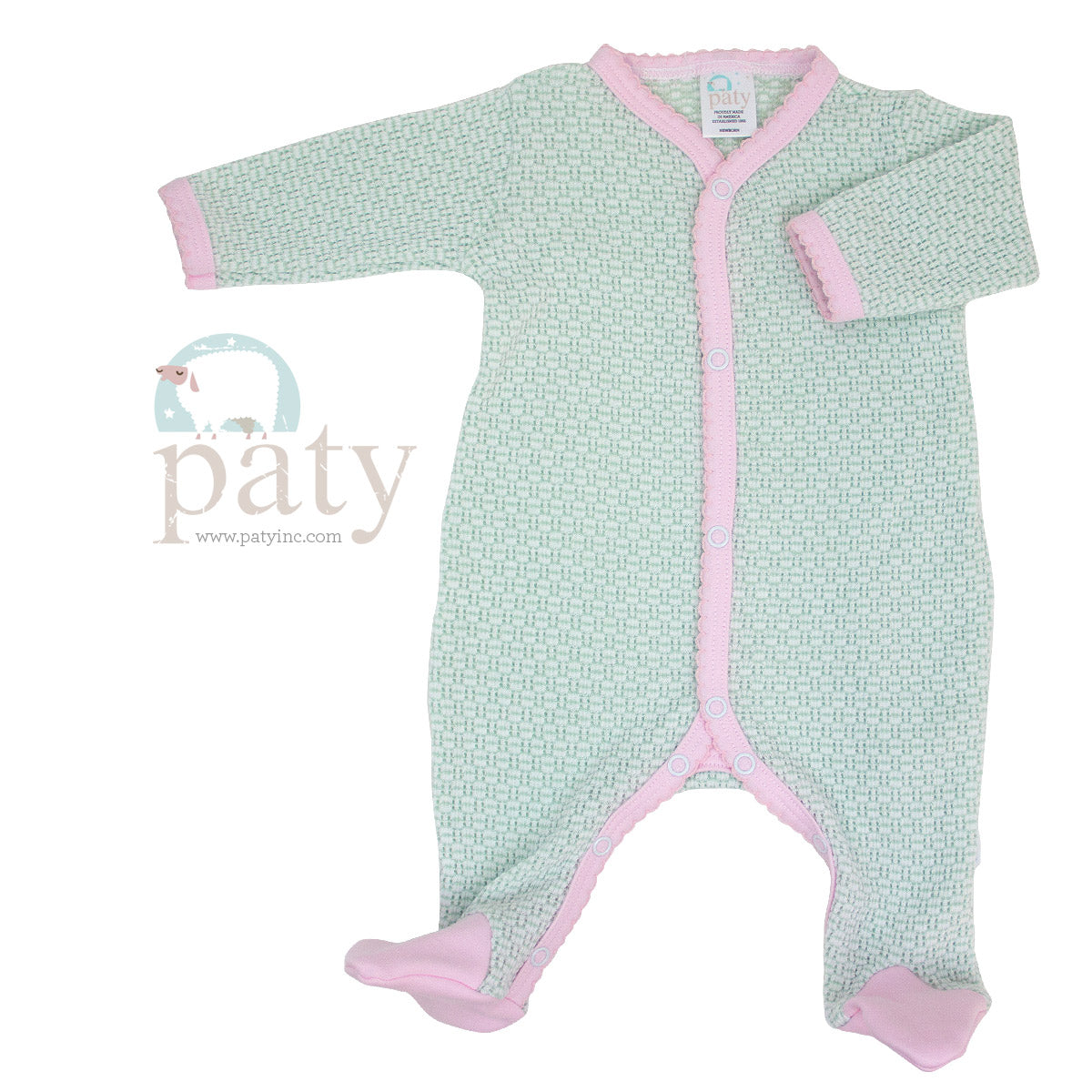 Paty: Knit Footie with Pima Trim - Mint with Pink