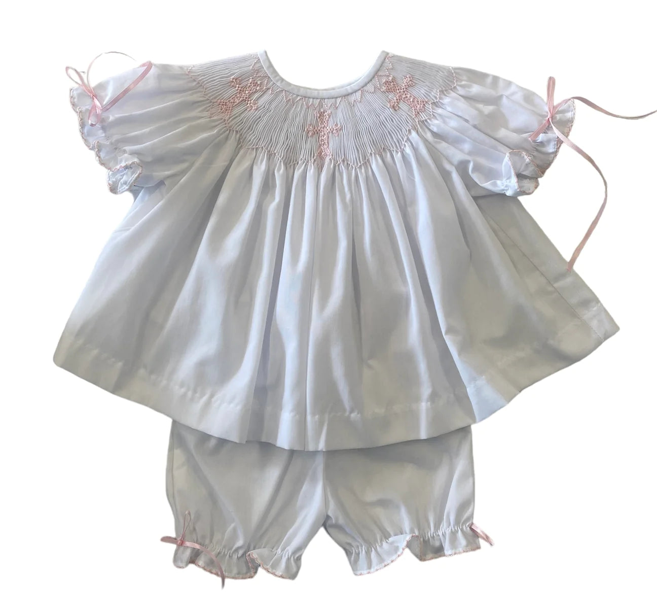 Lulu Bebe: White Smocked Bloomer Set with Pink Cross