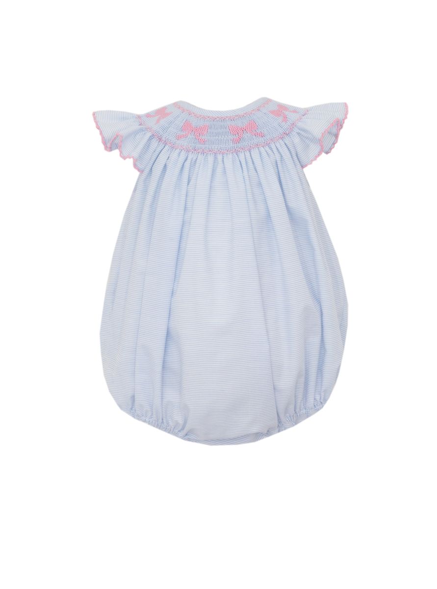 Petit Bebe: Blue Stripe Bows Smocked Bubble