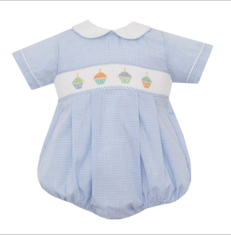 Petit Bebe Knits Baby Girls Check Bubble - Smocked Birthday Cupcakes - Pink main image 0