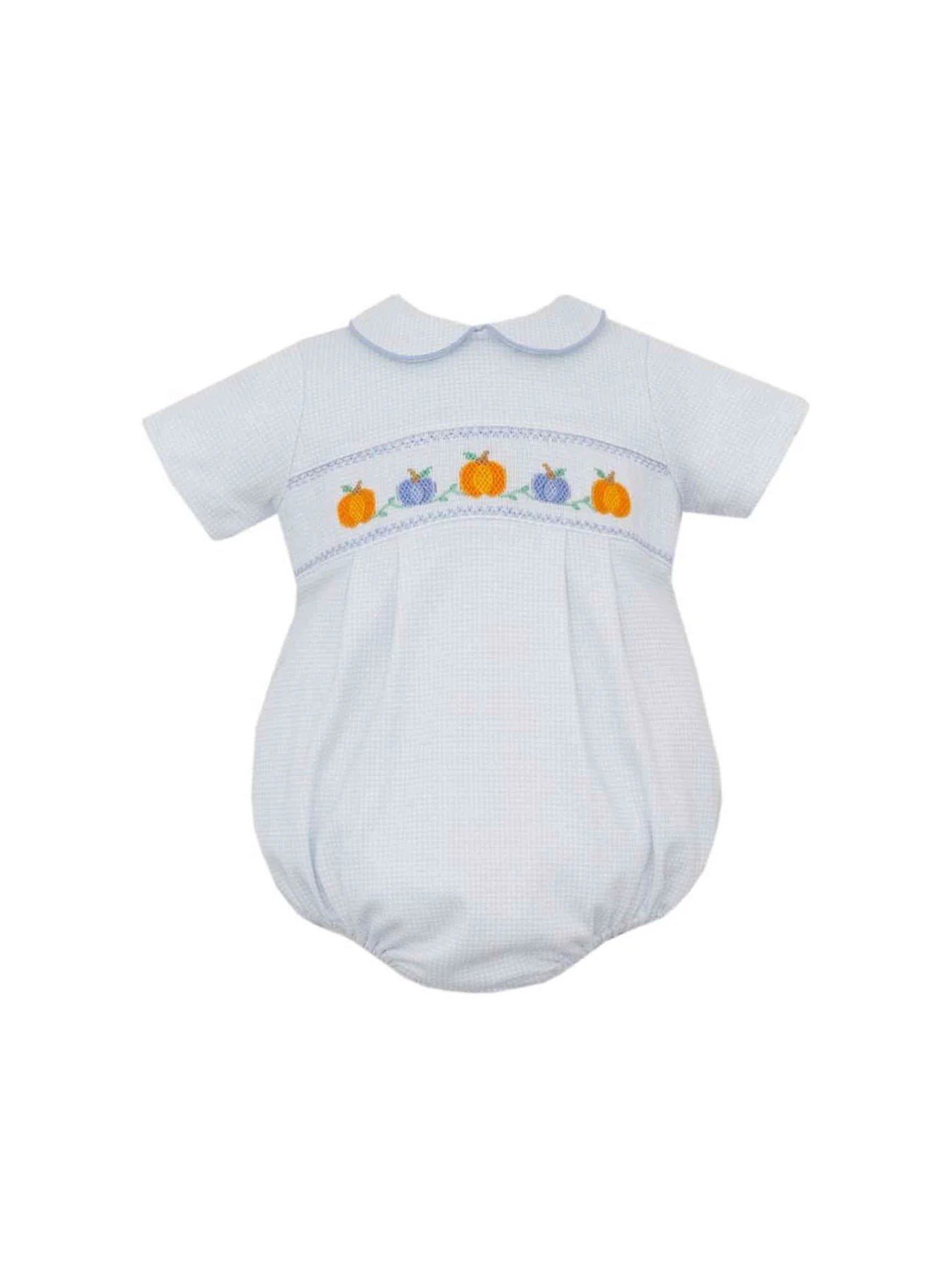 Petit Bebe: Pumpkin Boy's Knit Check Bubble Short Sleeve - Light Blue