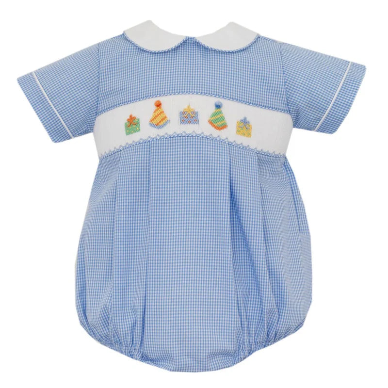 Petit Bebe: Birthday Boy's Boy's Bubble Short Sleeve - Light Blue Gingham