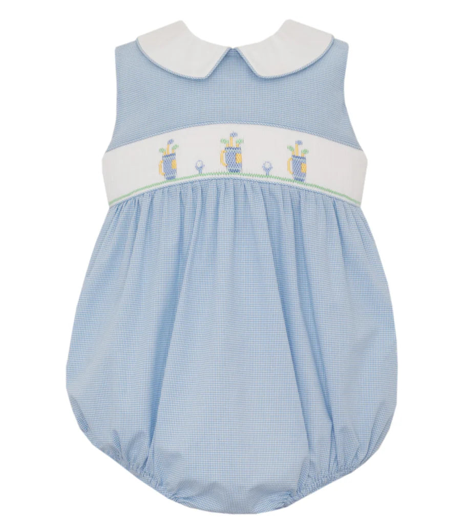 Petit Bebe: Golf Sleeveless Bubble- Lt. Blue Microcheck