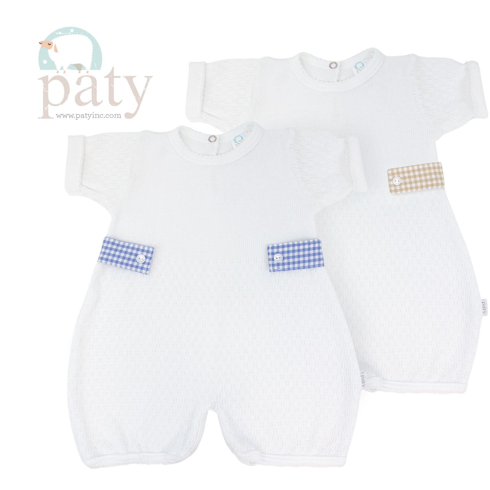 Paty: White Knit Bubble with Blue Gingham Side Tabs