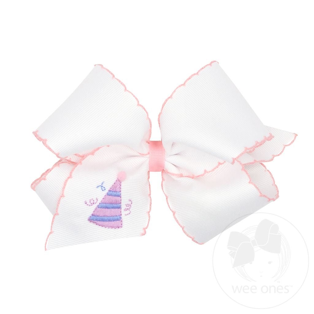 wee ones: King Grosgrain Hair Bow with Moonstitch Edge and Birthday Girl Embroidery