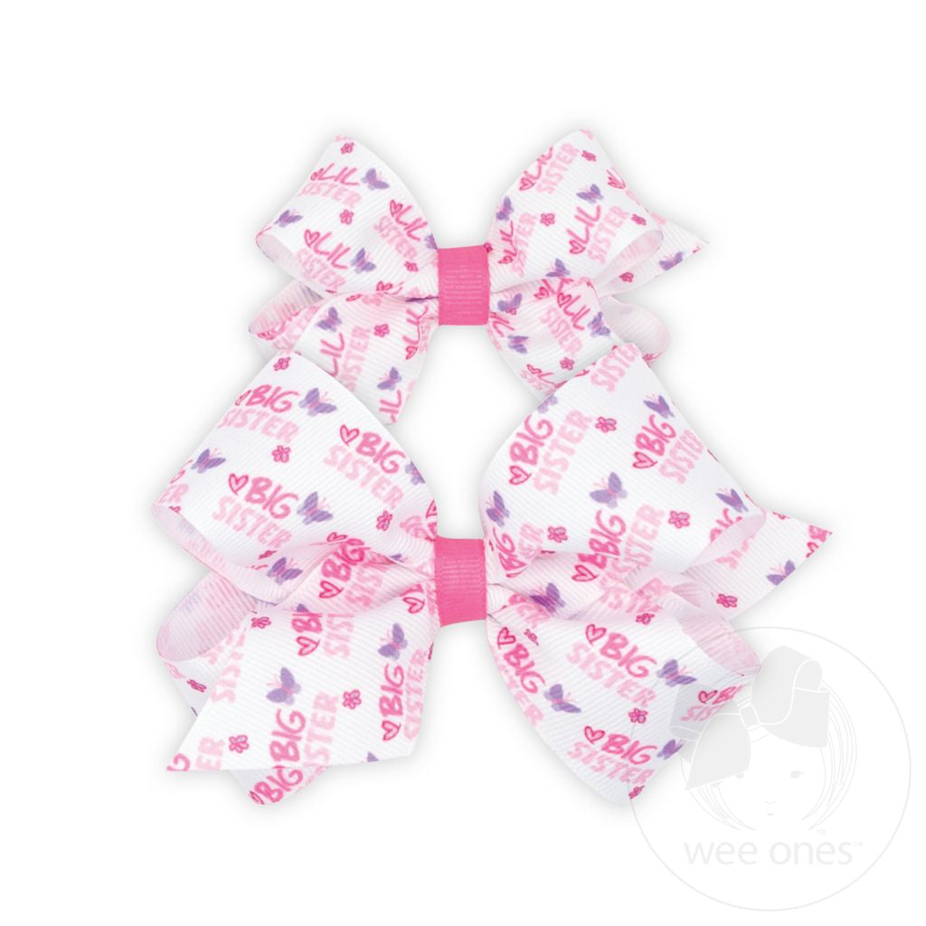 wee ones: One Mini Little Sister Printed Grosgrain Hair Bow and One Medium Big Sister Printed Grosgrain Hair Bow