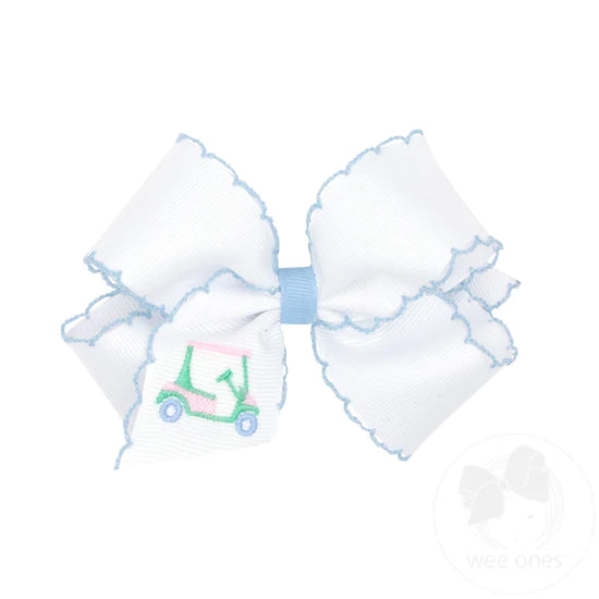 wee ones: Grosgrain Hair Bow with Moonstitch Edge and Golf Cart Embroidery