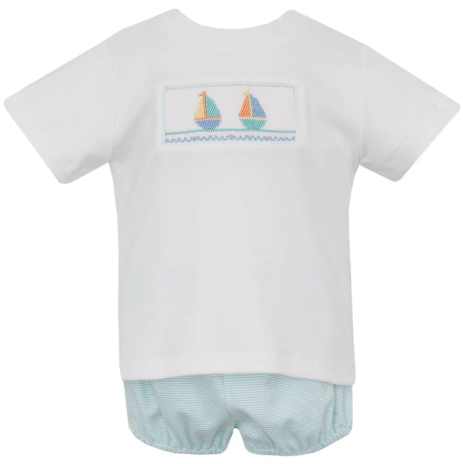 Petit Bebe: Sailboats Boy's - Aqua knit stripe white T-shirt set with diaper