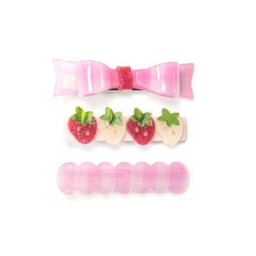 Lilies & Roses: Pink Checked Bow + Strawberries Alligator Clips