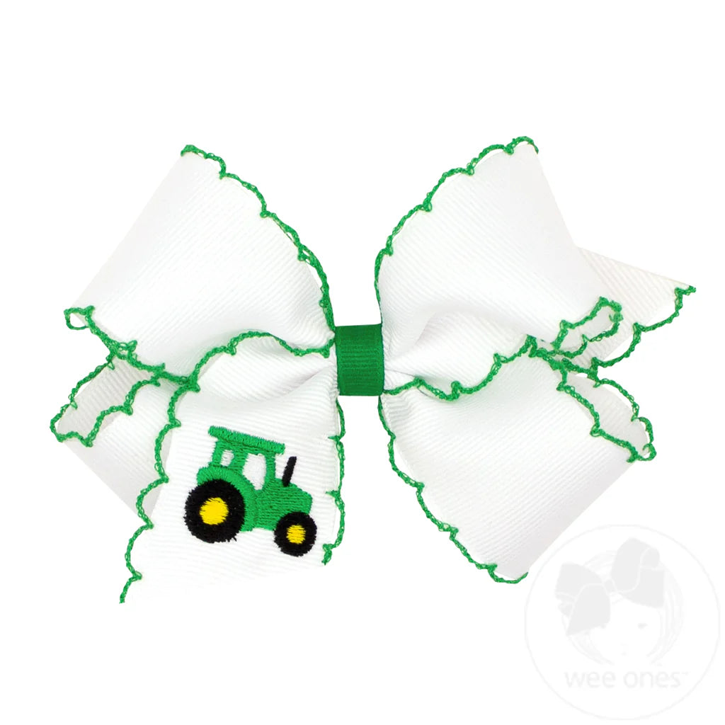 Wee Ones: Medium Grosgrain Hair Bow with Moonstitch Edge and Green Tractor Embroidery