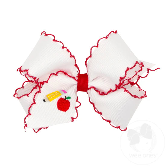 Wee Ones: Back to School Moonstitch Edge Grosgrain Hair Bow with Apple and Pencil Embroidery