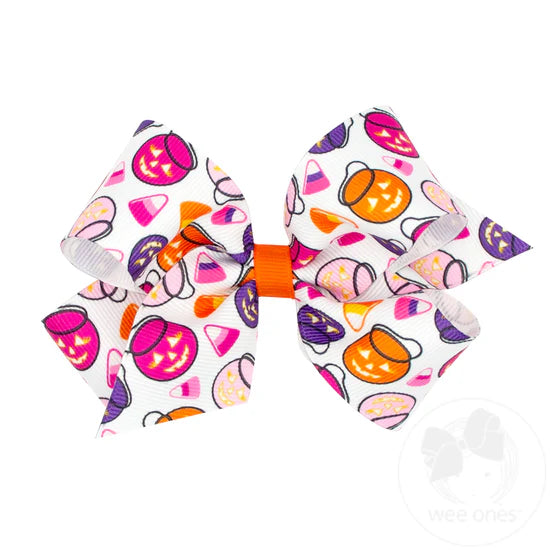 Wee Ones: Pink Halloween Print Grosgrain Hair Bow - Candy Corn