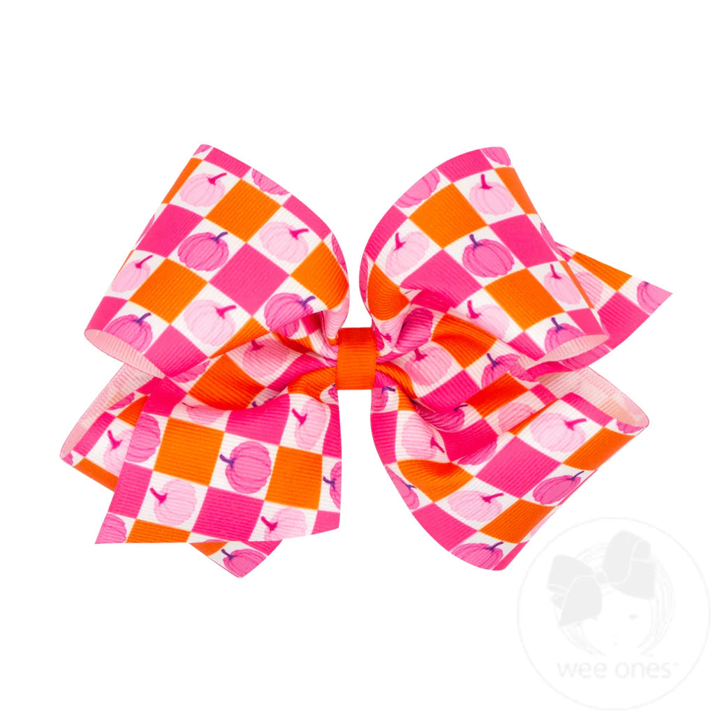 Wee Ones: Pink Halloween Print Grosgrain Hair Bow - Pumpkin