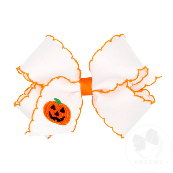Wee Ones: Grosgrain Hair Bow with Moonstitch Edge and Halloween Embroidery -  Jack O Latern