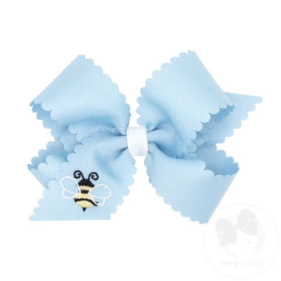 Wee Ones: Medium Scalloped Edge Grosgrain Hair Bow with Bee Embroidery