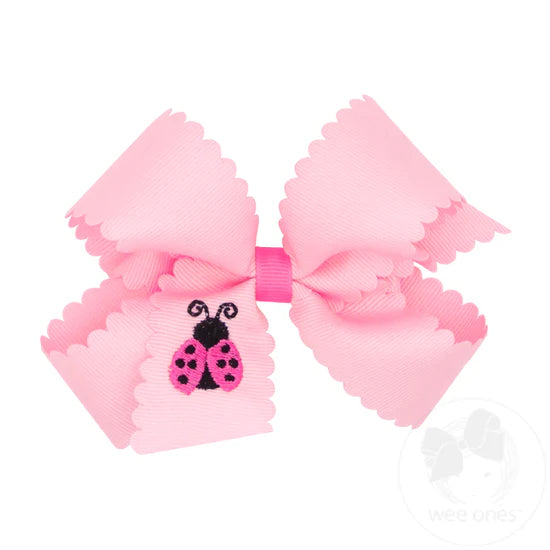 Wee Ones: Medium Scalloped Edge Grosgrain Hair Bow with Lady Bug Embroidery