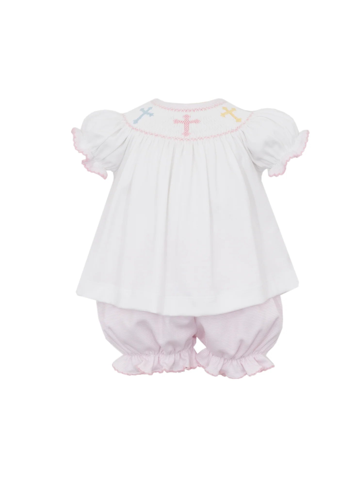 Petit Bebe: Crosses Girls Pink Stripe Knit- Bishop Bloomer Set