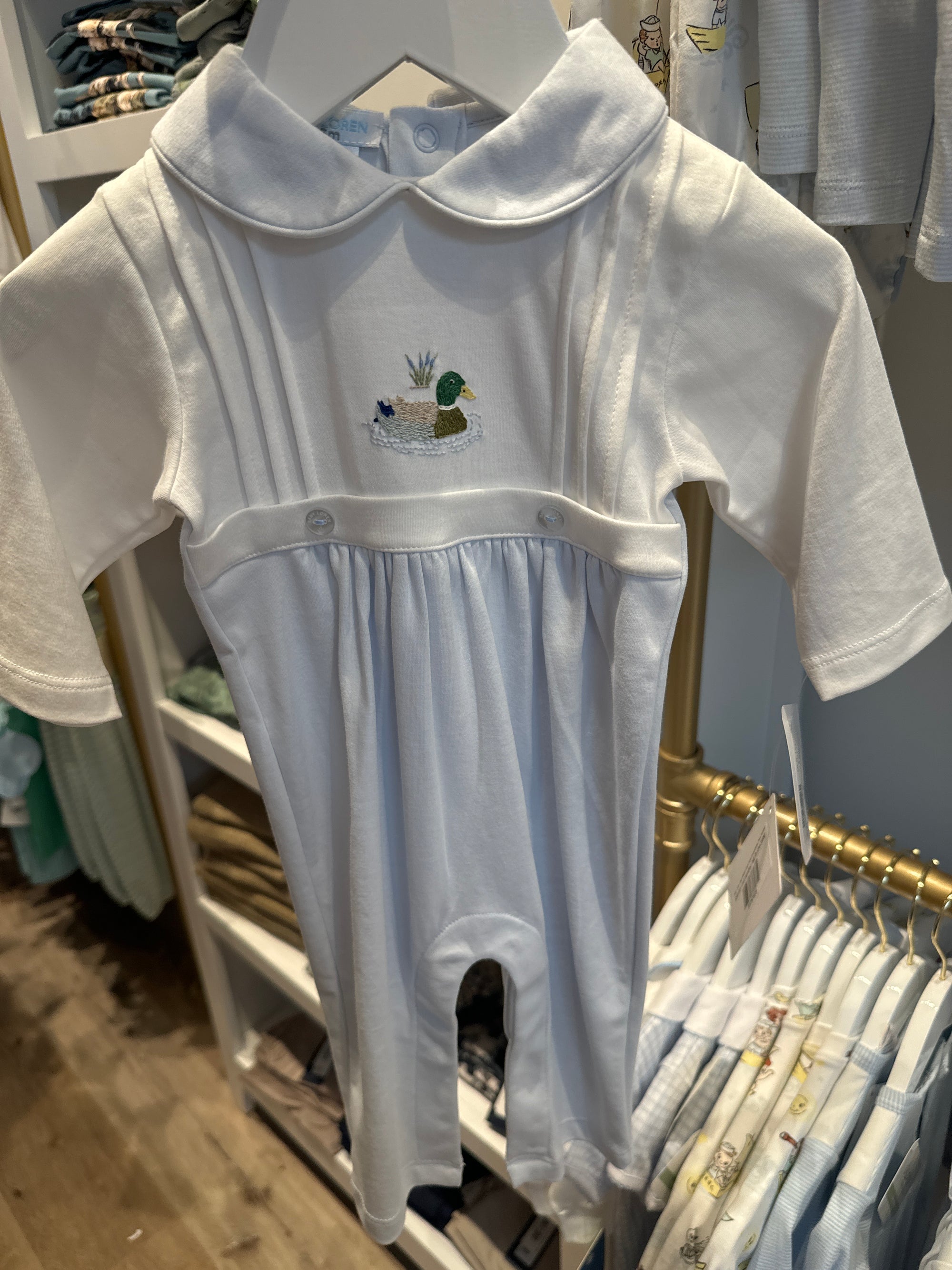 Baby Loren: Blue Mallard Duck Hand Embroidered Pima Romper