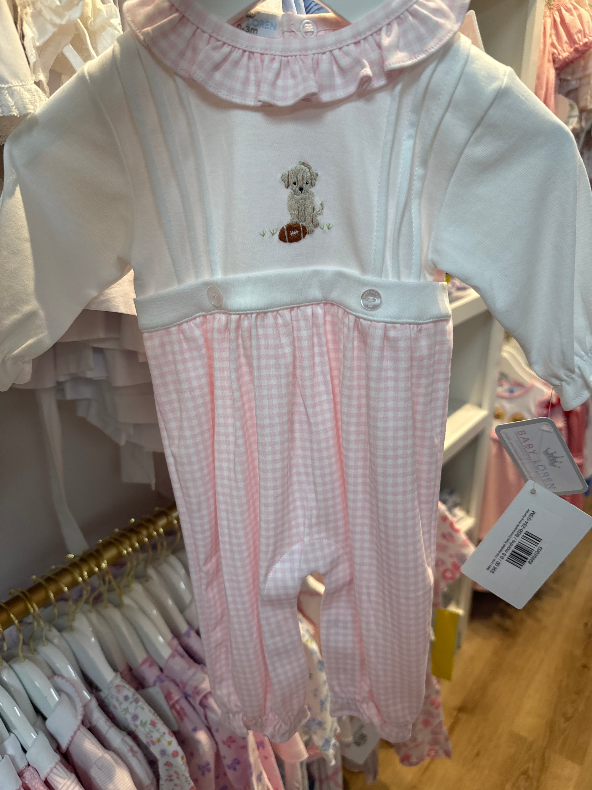 Baby Loren: Pink Football Hand Embroidered Pima Romper