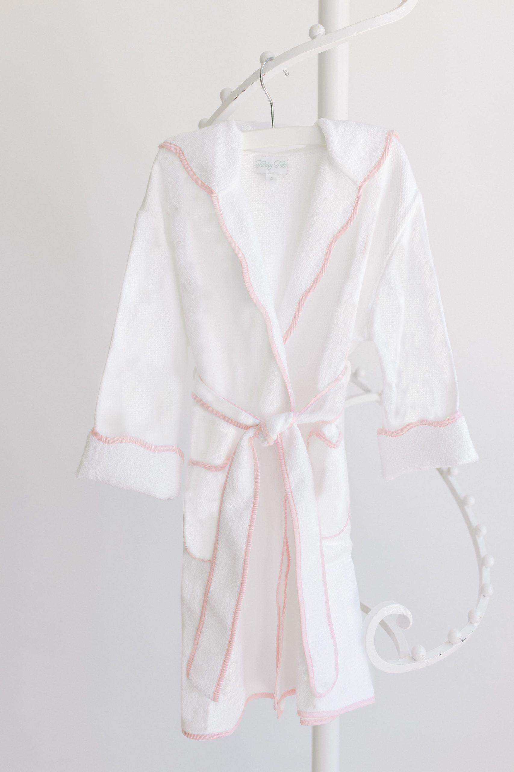 Terry Tots: Bathrobe - White Terry with Hood and Pink Stripe Trim