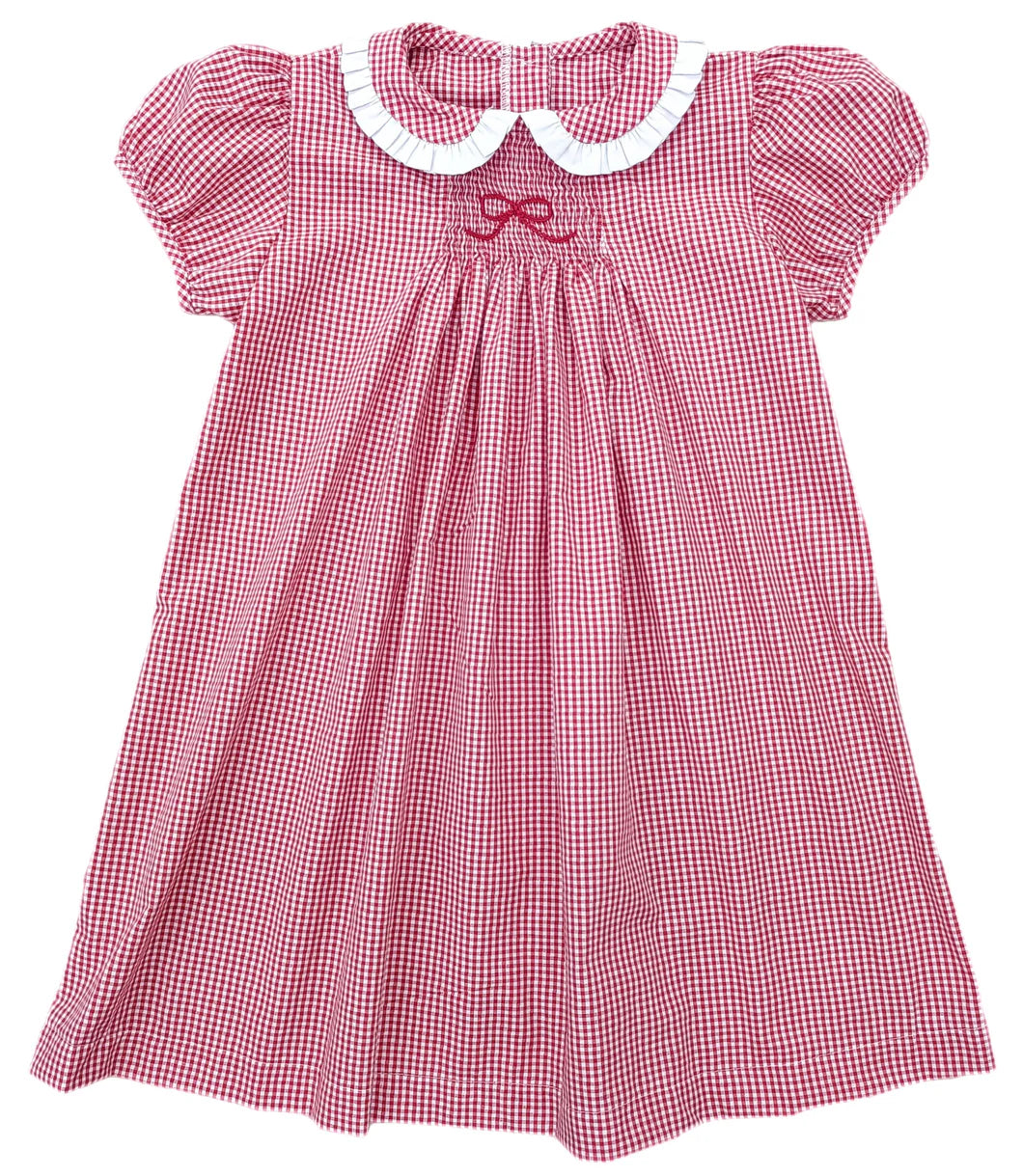 James & Lottie: Sage Smocked Red Bow Dress