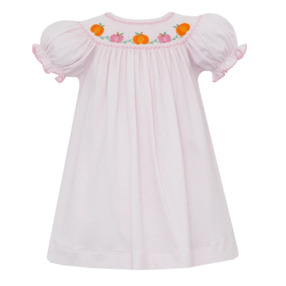 Petit Bebe: Pumpkin Girls Knit Check Bishop Short Sleeve - Pink