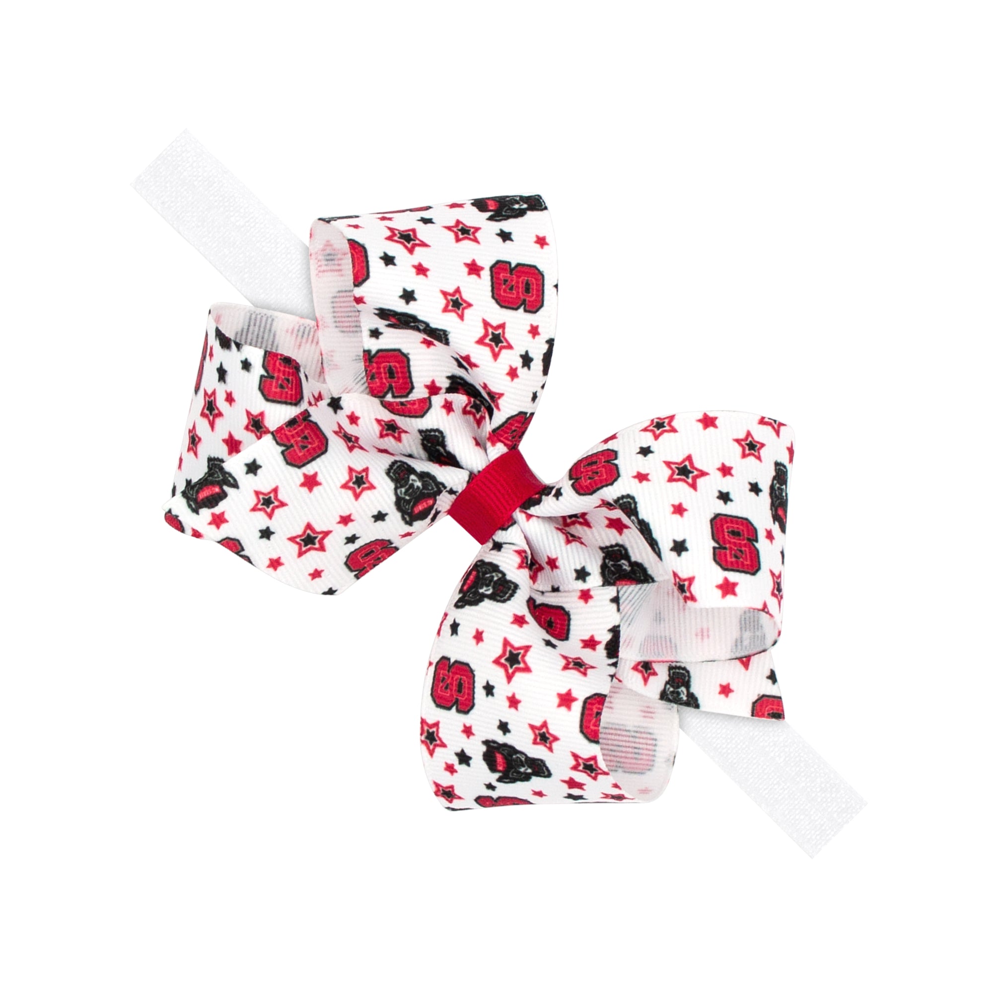 wee ones: NC State Print Grosgrain Bow on White Elastic Stretch Band