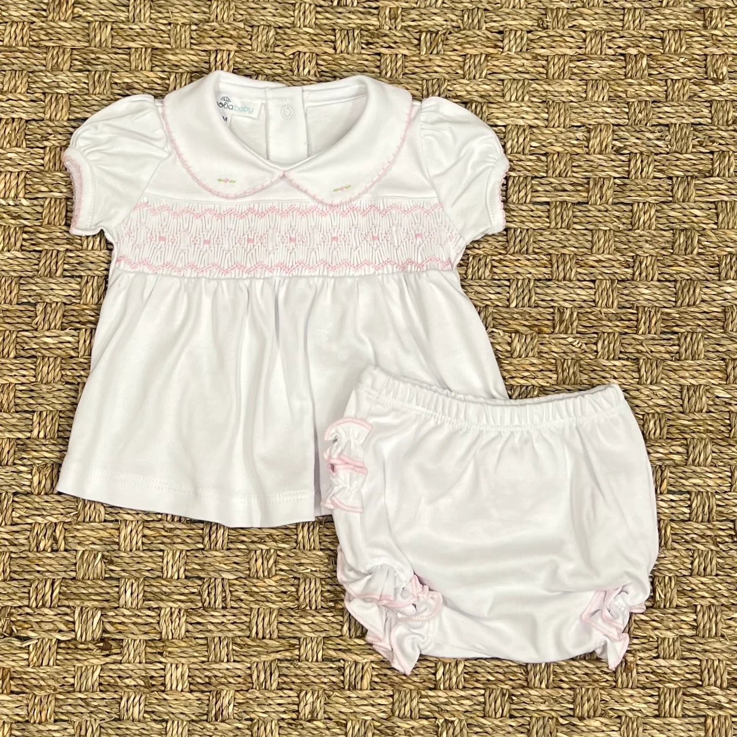 Magnolia Baby: Lizzie's Classics Smocked Ruffle Short Sleeve Diaper Cover Set - Pink