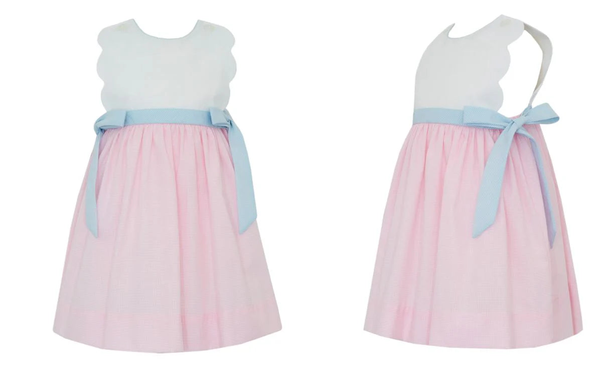 Petit Bebe: Pink check scalloped sundress w/ lt.blue side bows