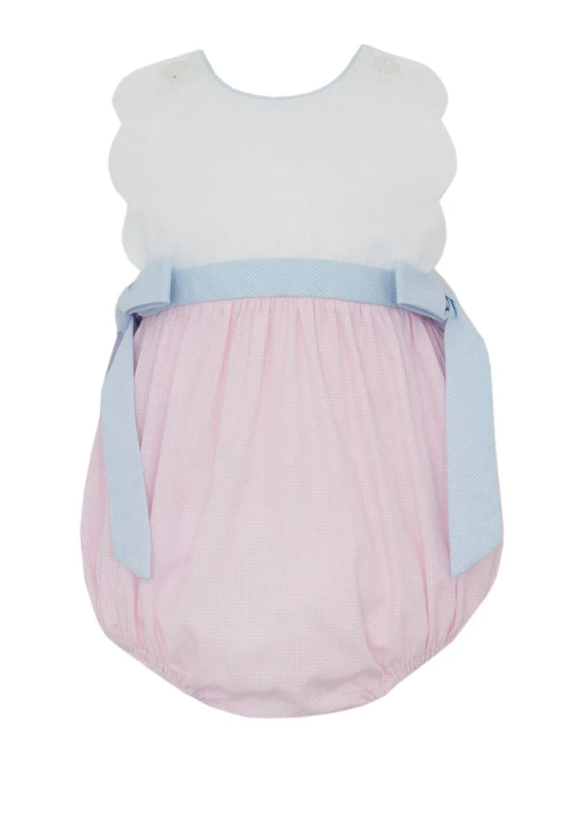 Petit Bebe: Pink check scalloped bubble w/ lt.blue side bows
