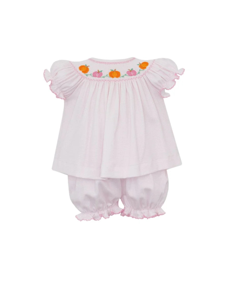 Petit Bebe: Pumpkin Girl's Knit Check Bishop Bloomer Set Short Sleeve