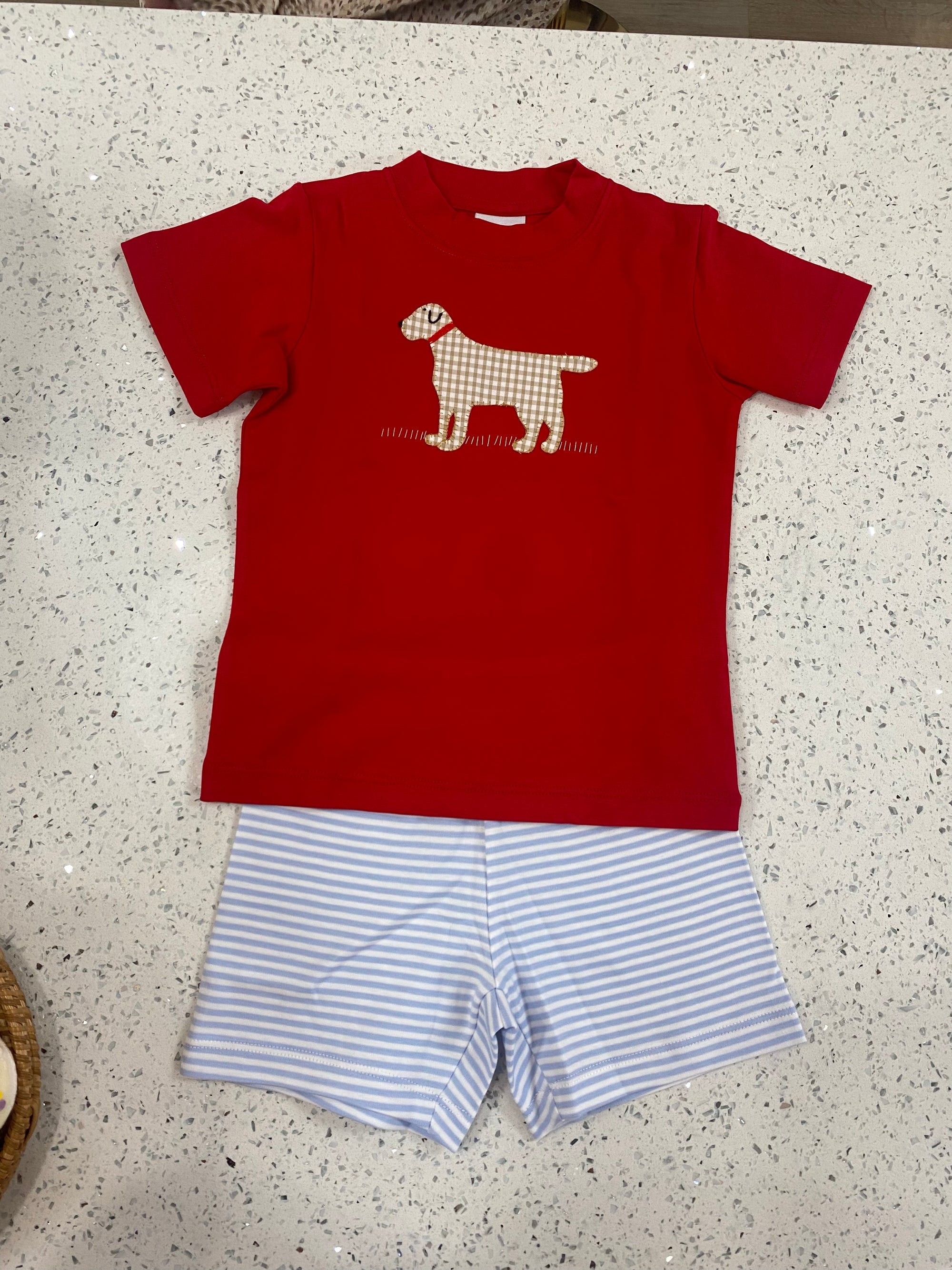 Squiggles: Red Dog Shirt w/ Blue Stripe Shorts