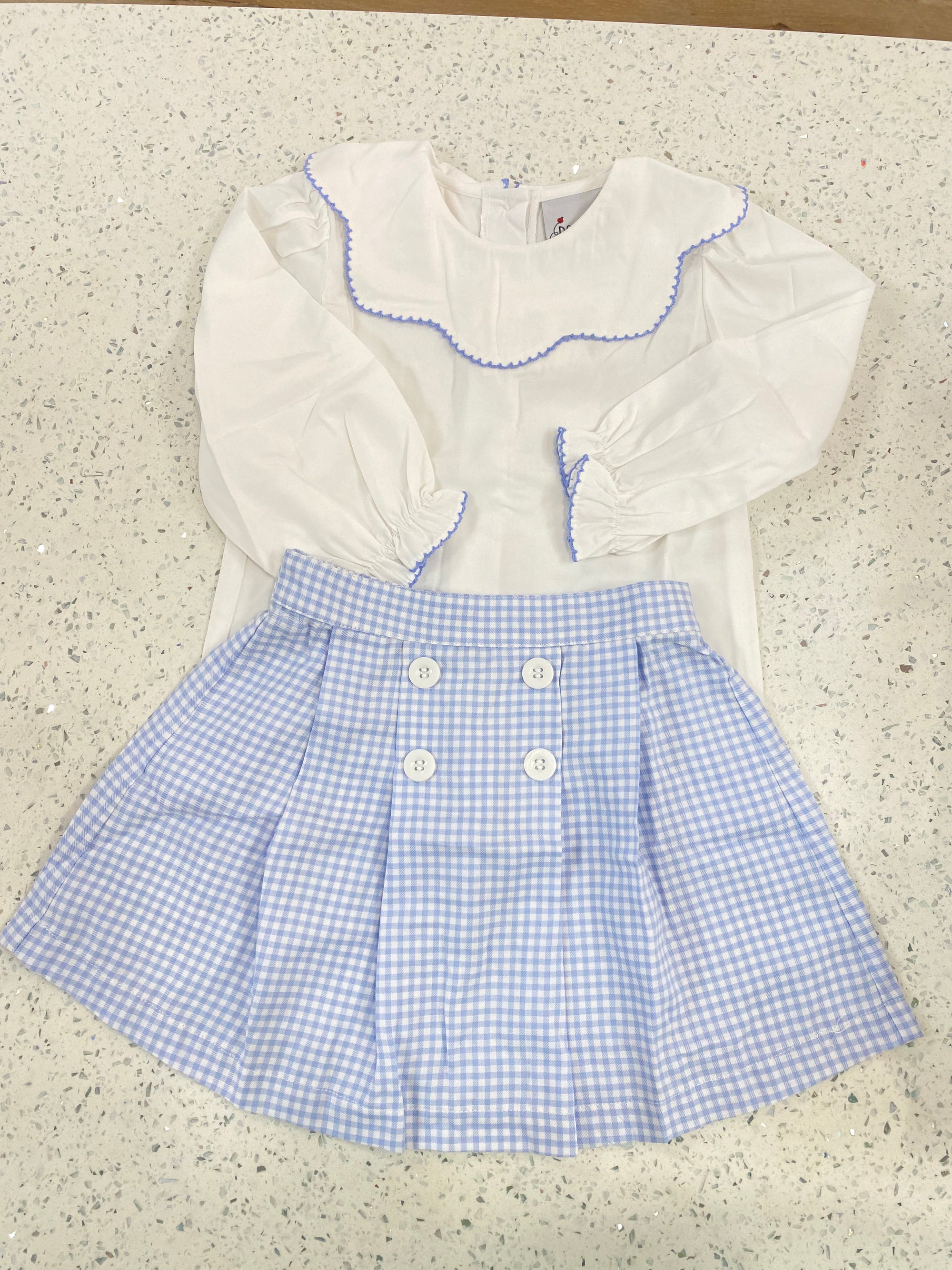 Delaney: White Scallop Collar Blouse w/ Blue Check Skirt