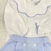 Delaney: White Scallop Collar Blouse w/ Blue Check Skirt