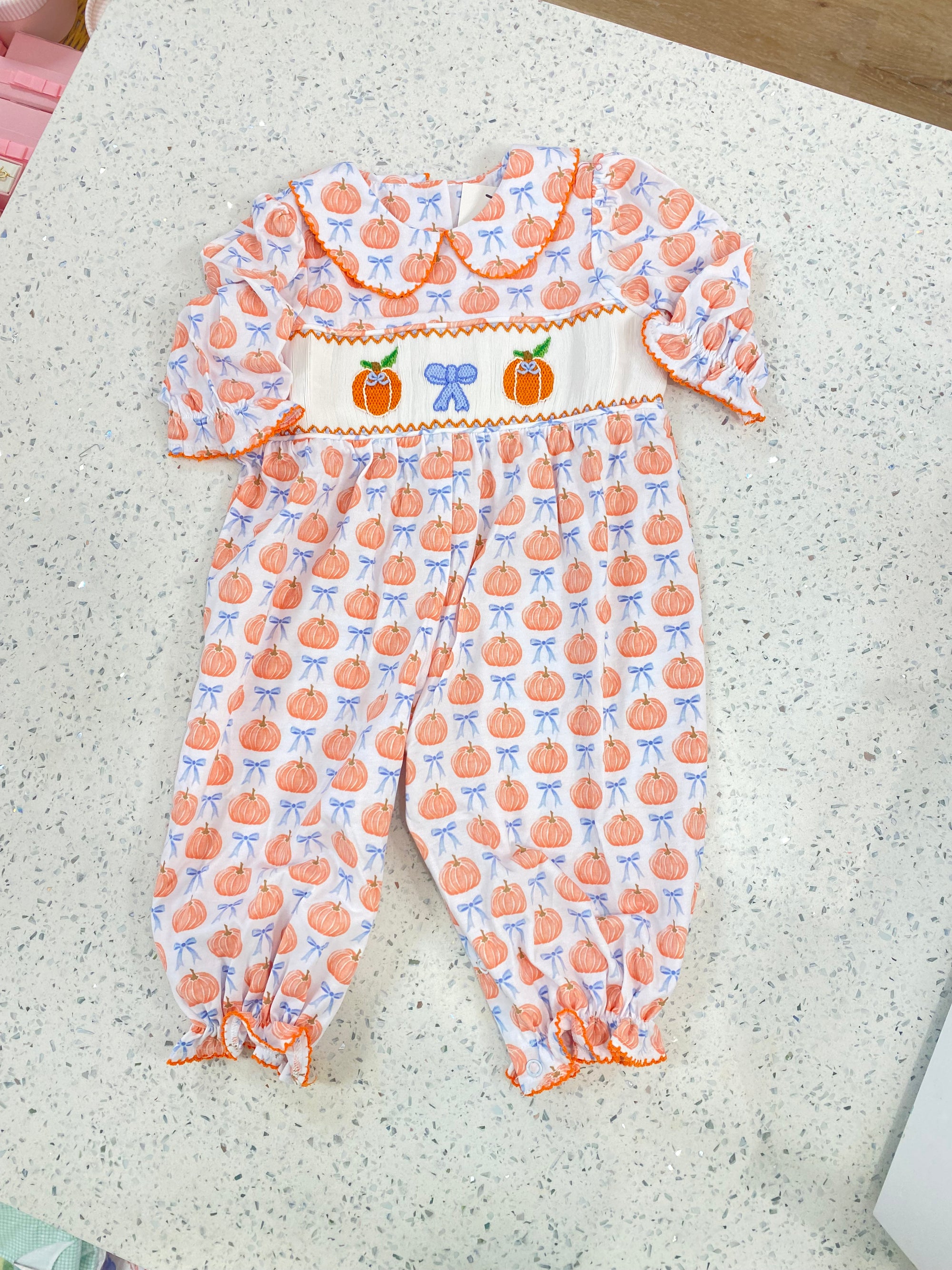 Delaney: Smocked Bow Pumpkin Romper