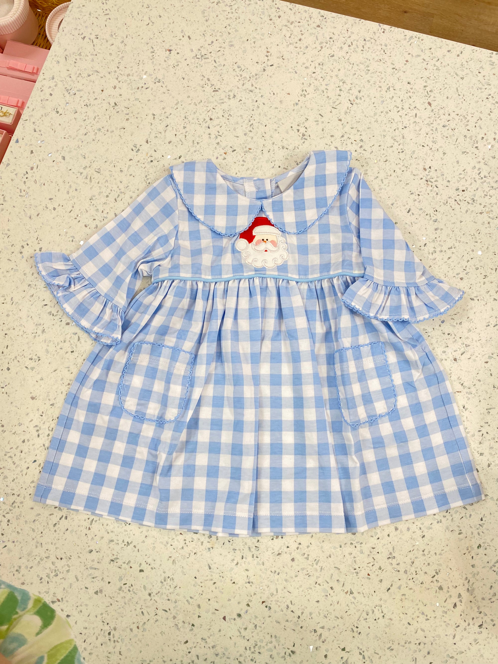 Delaney: Blue Check Appliqué Santa Dress