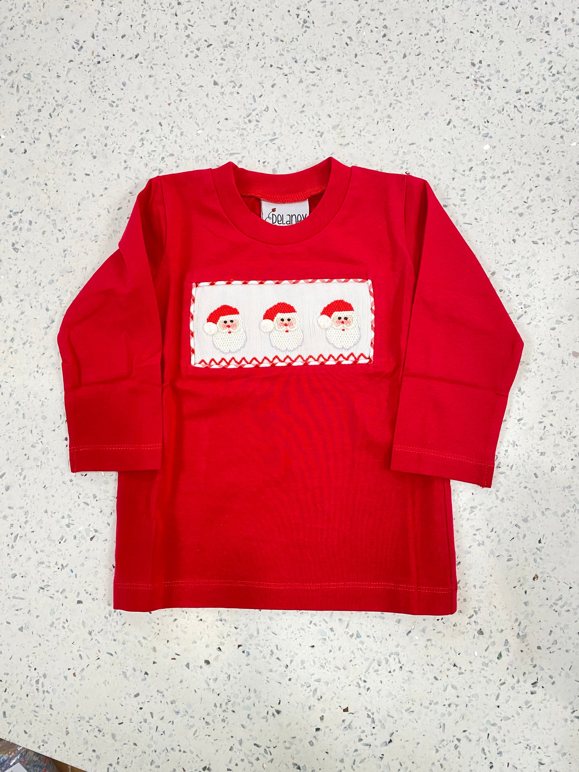 Delaney: Red Knit Long Sleeve Smocked Santa T-shirt