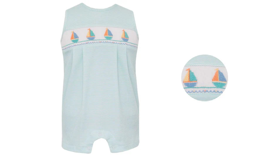 Petit Bebe: Sailboats Boy's - Aqua knit stripe jon jon