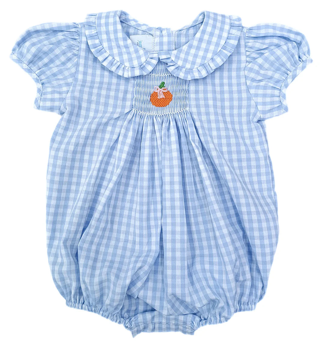James & Lottie: Margaret Blue Gingham Bubble, Smocked Pumpkins