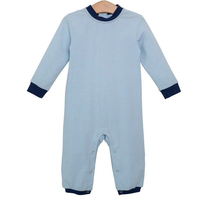 Trotter Street: Miller Romper - Light Blue Stripe/Navy