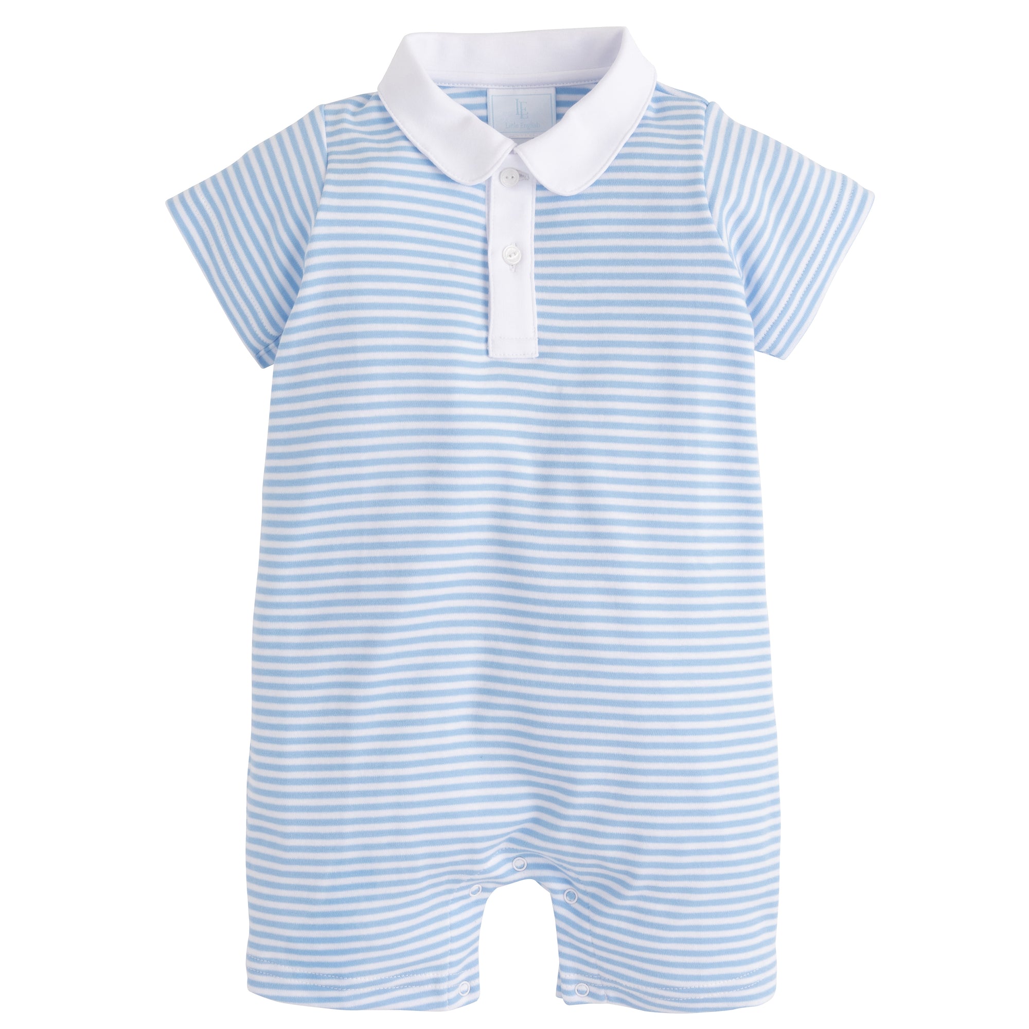 Little English: Peter Pan Polo Romper - Light Blue Stripe