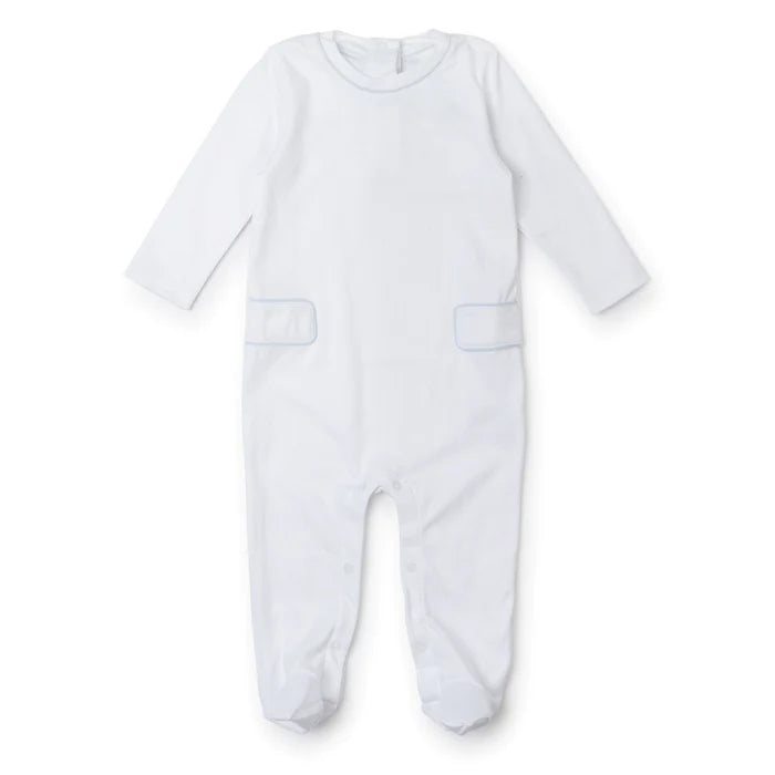 Lila & Hayes: Preston Footed Romper - White with Light Blue Piping
