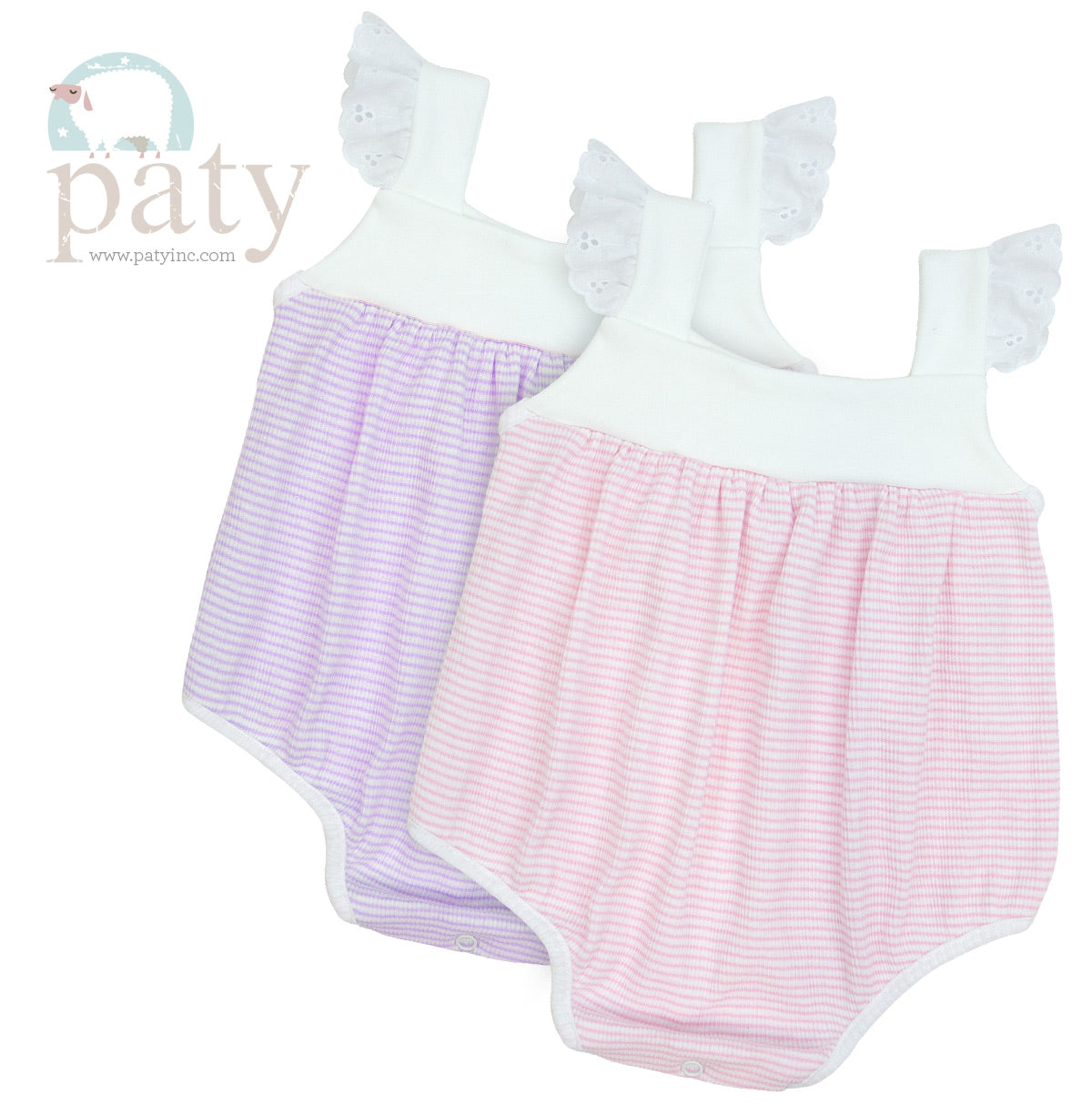 Paty: Rib Knit Sunsuit with Eyelet Trim - Pink & White