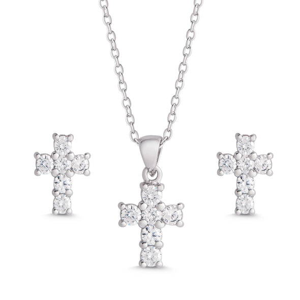 Lily Nily: CZ Cross Pendant and Stud Earrings Set in Sterling Silver