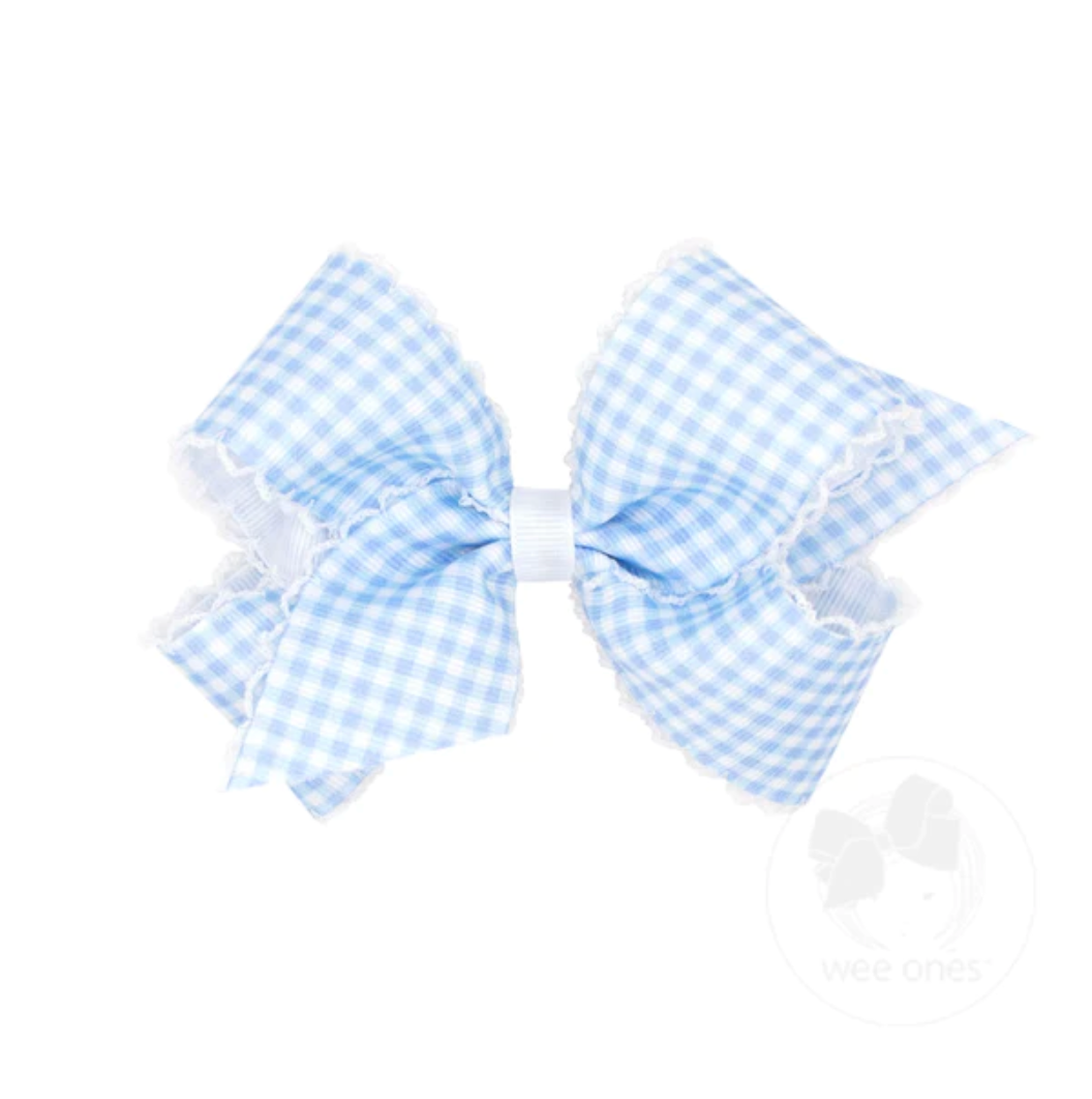 wee ones: Gingham-Printed Grosgrain Hair Bow with Moonstitch Edge - Millennium Blue