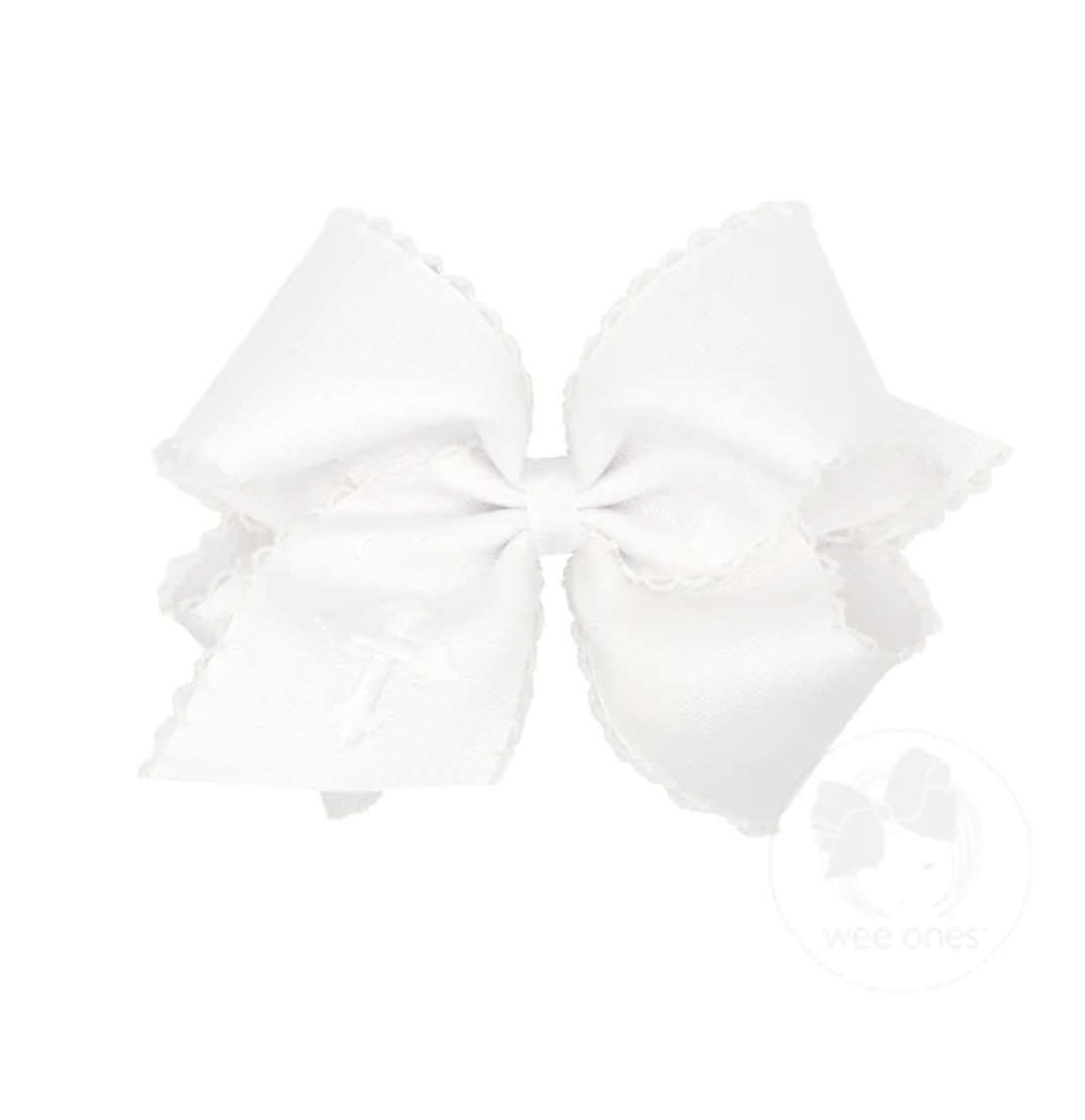 wee ones: King White Grosgrain Hair Bow with Moonstitch Edge and Cross Embroidery on Tail