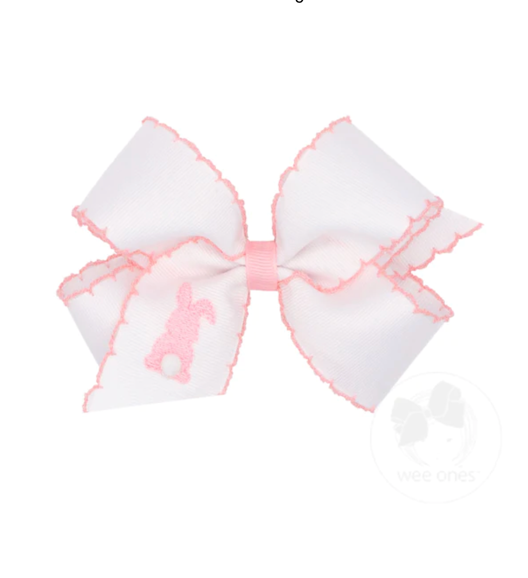 wee ones: White Grosgrain Girls Hair Bow with Moonstitch Edge and Easter Embroidery