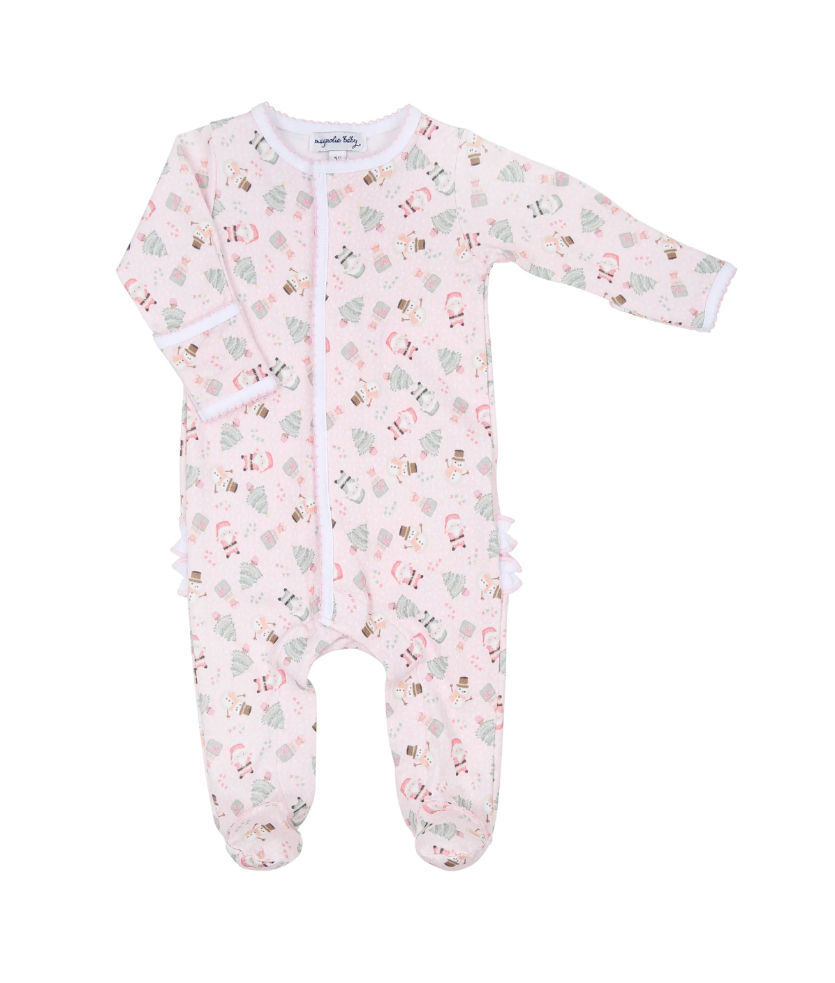 Magnolia Baby: Ruffle Zipper Footie - Sweet Little Christmas - Pink