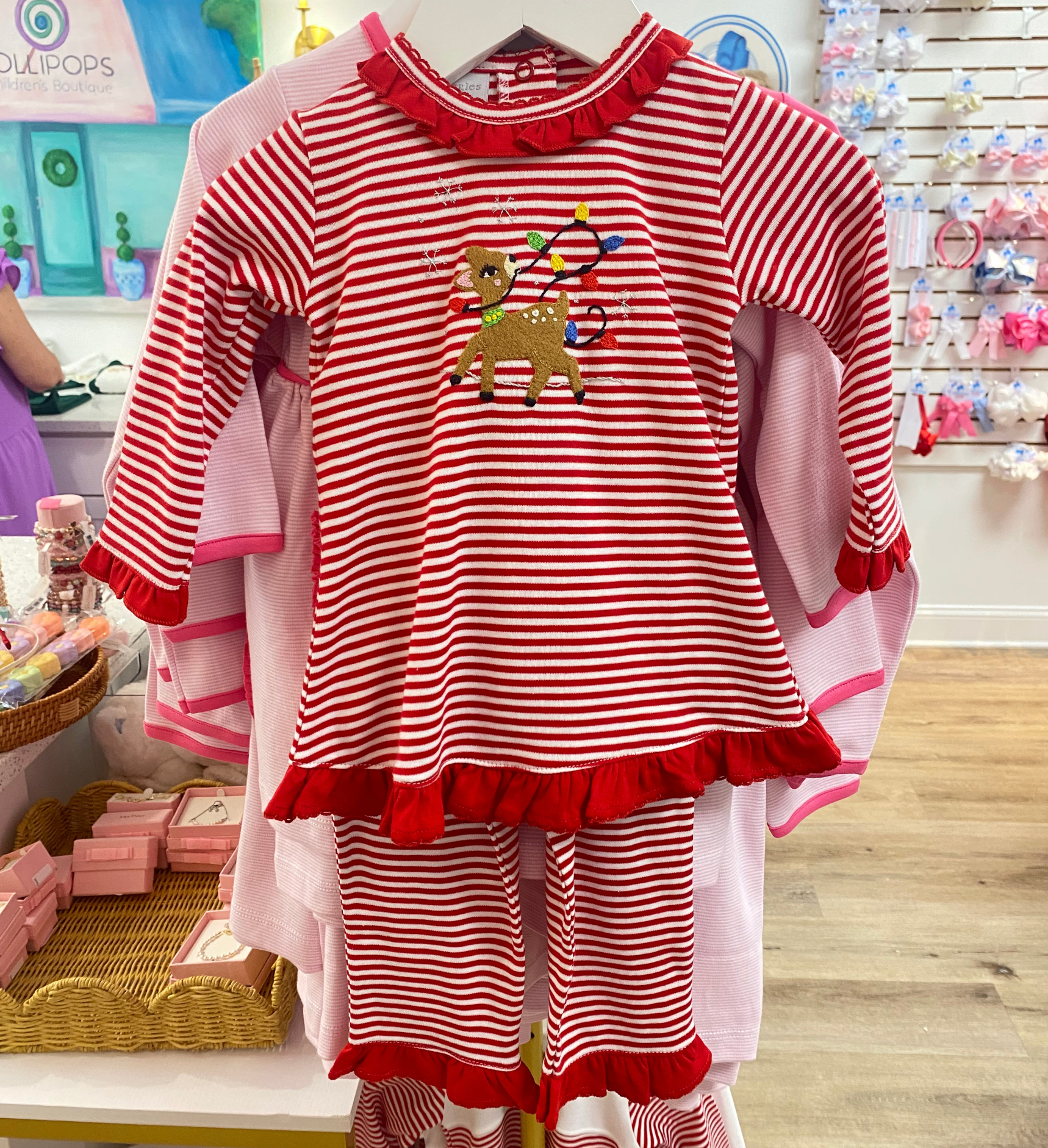 Squiggles: Red/White Stripe Reindeer Ruffle Pant Set